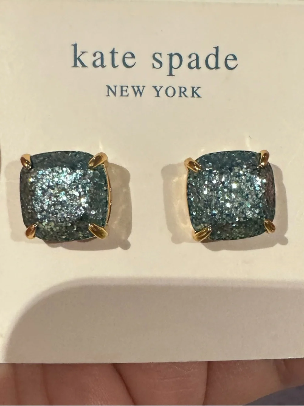 kate spade Teal Glitter Cushion Stud Earrings with Gold Tone Prongs